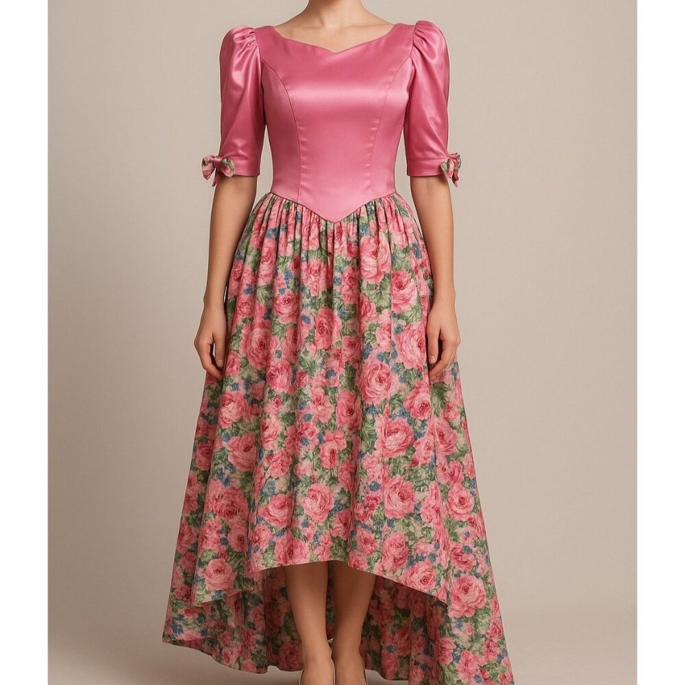 Vintage Debbie Robitaille Pink‎ Satin Bodice Floral Skirt Hi Low Floor Length